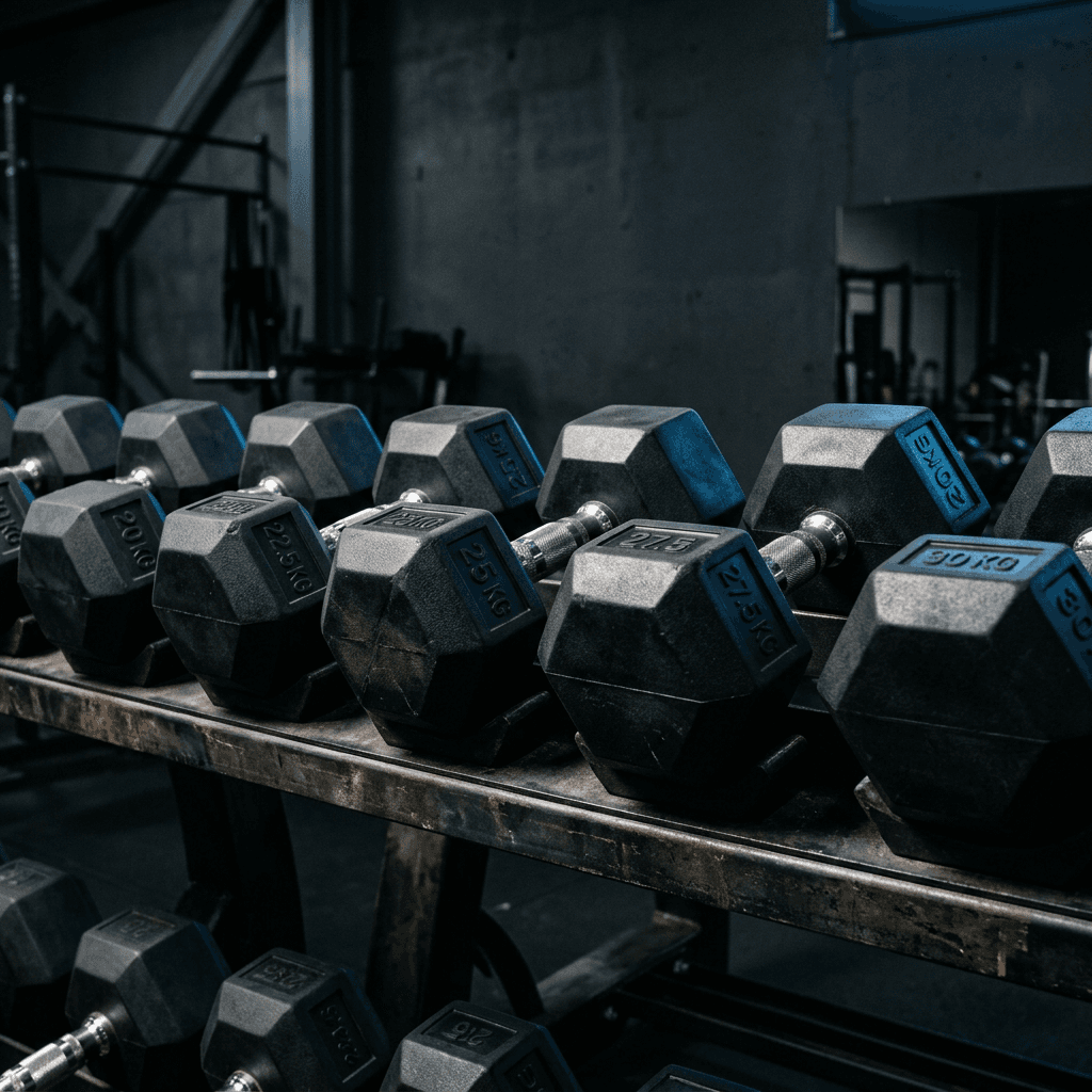 Row of black hex dumbbells on a rack