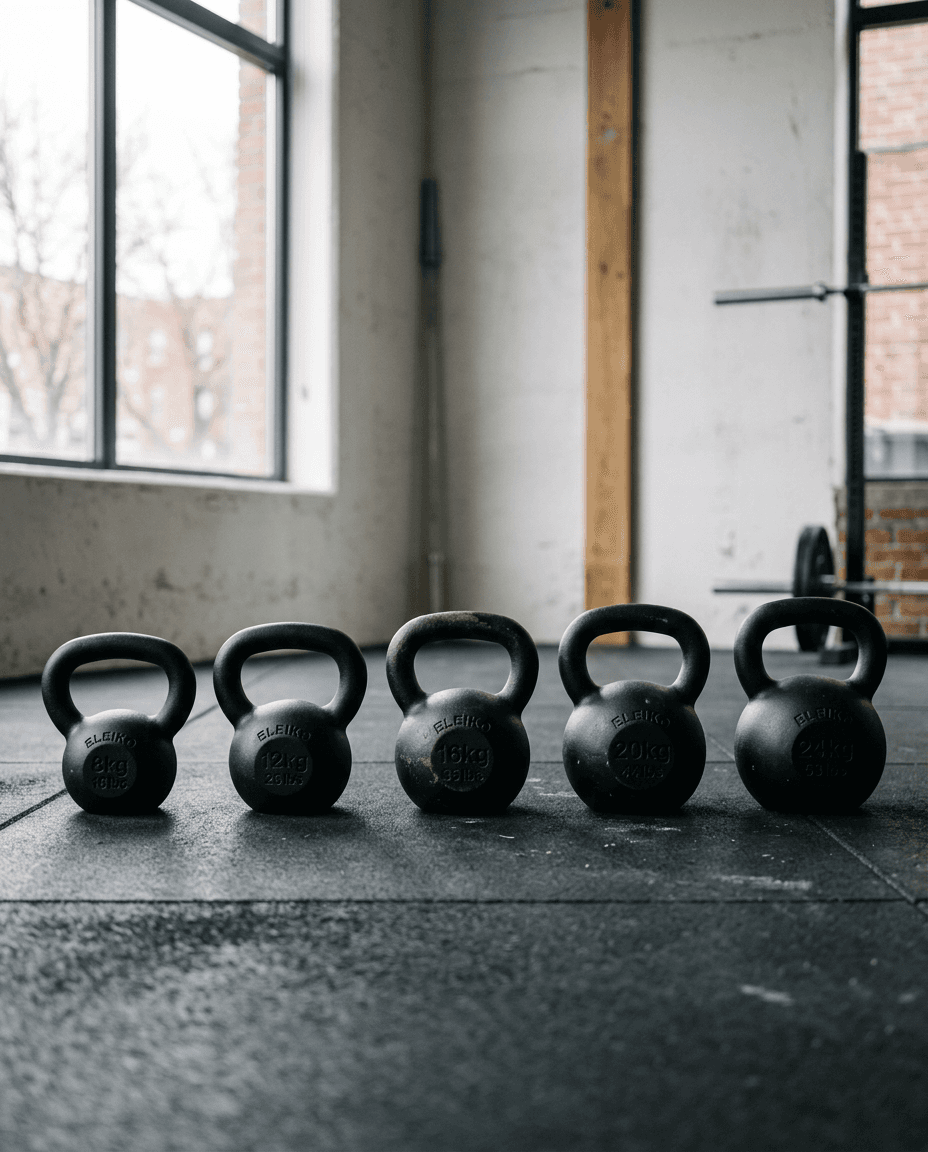 Kettlebells lined up on a gym floor